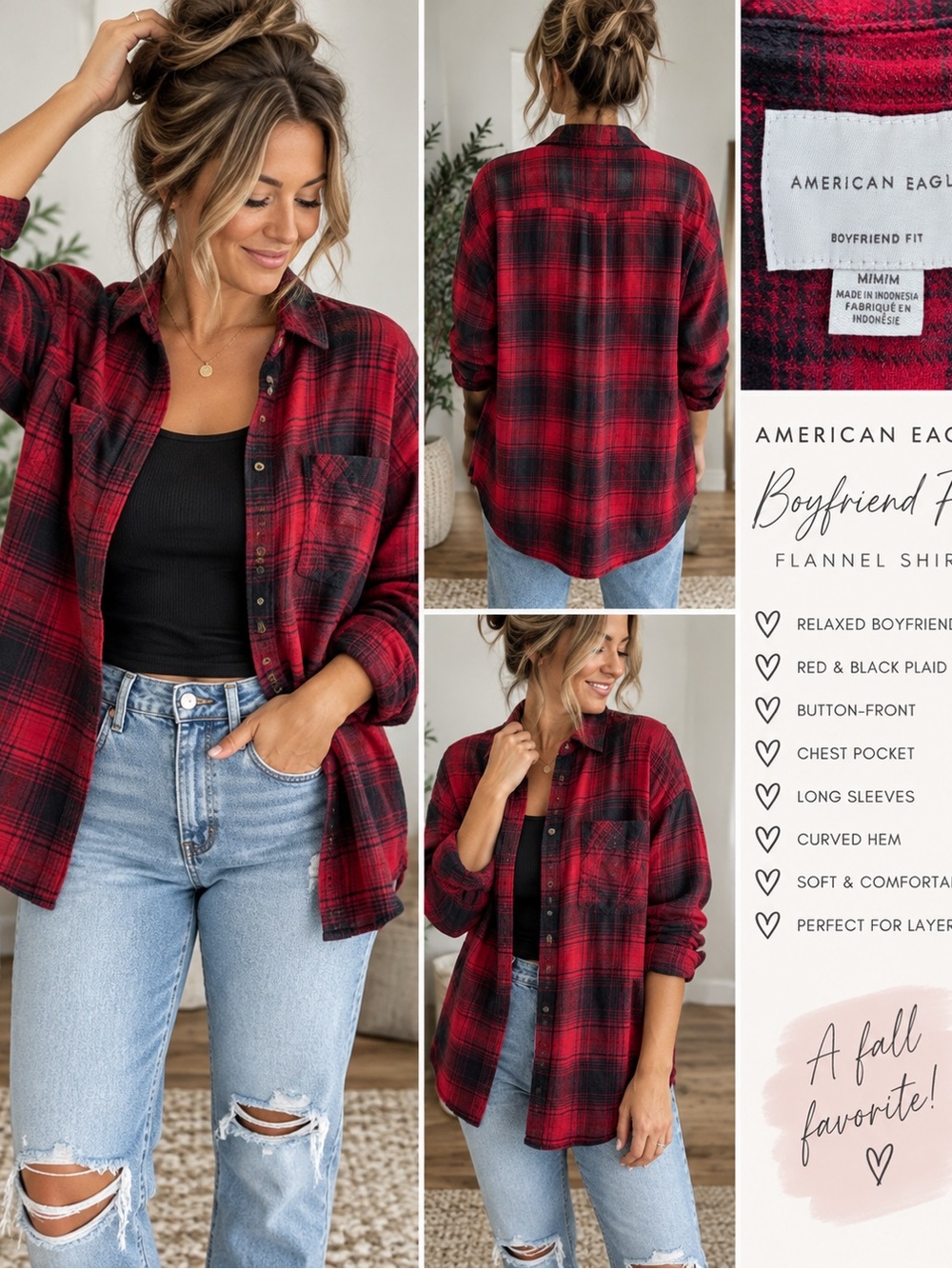 American Eagle Outfitters Red & Black Plaid Boyfriend Flannel Shirt